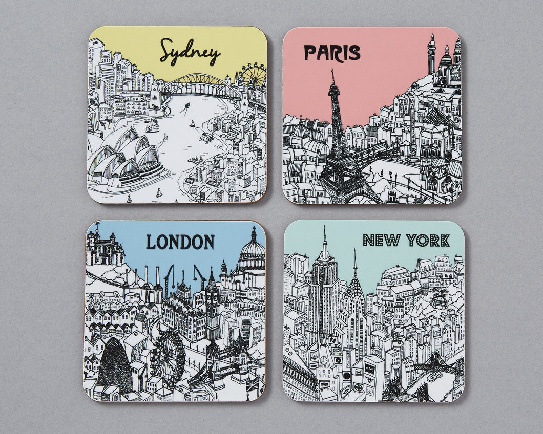 Set of 4 City Illustration Coasters